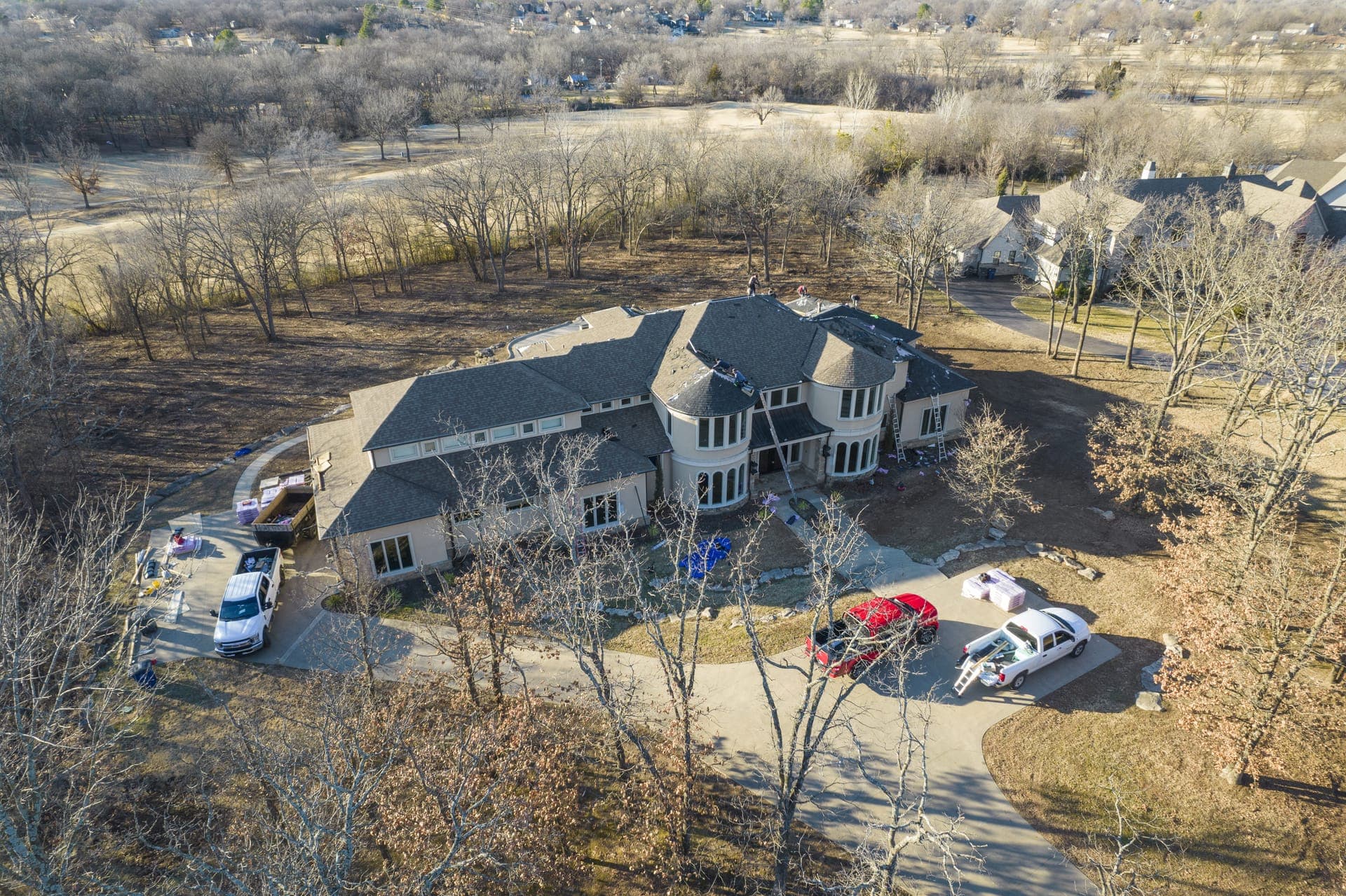 Tulsa Hills project — drone view of home and roof