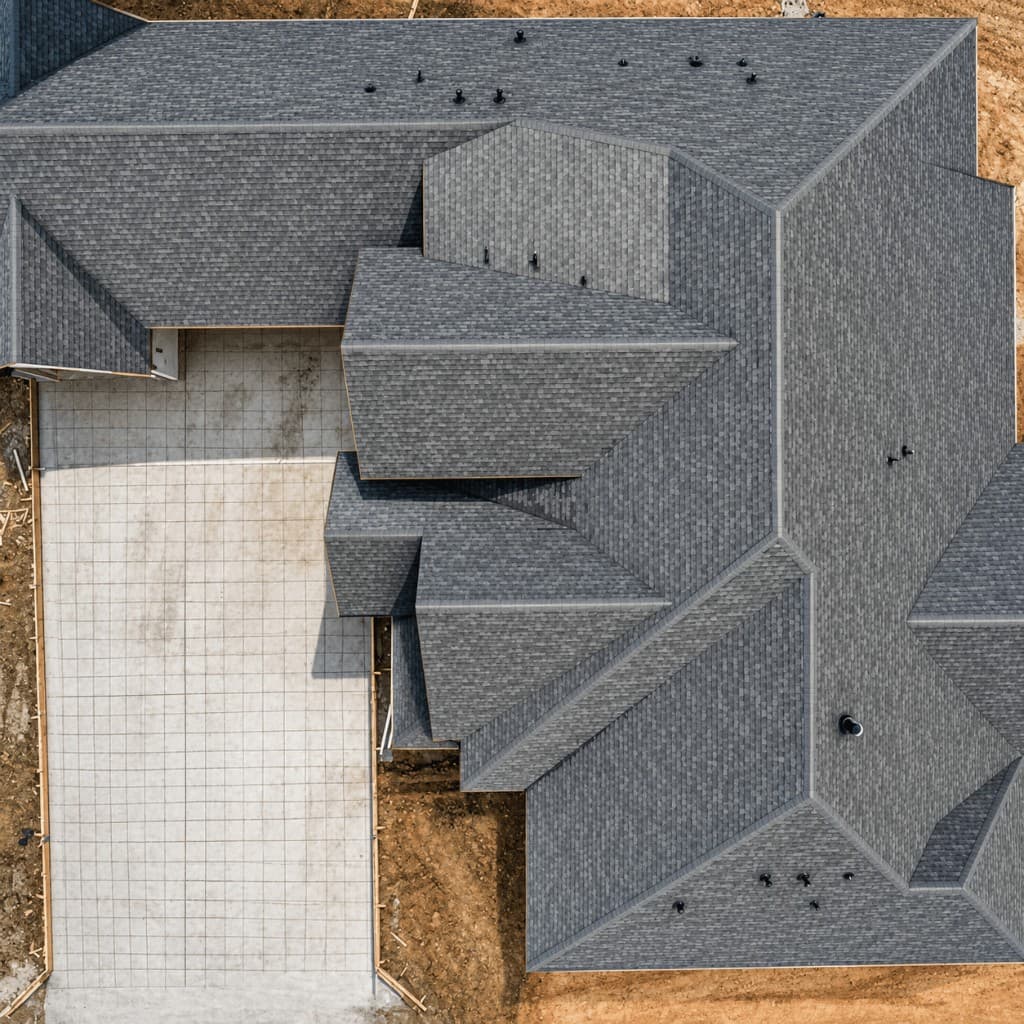 Top-down aerial view of completed shingle roof by ARRT