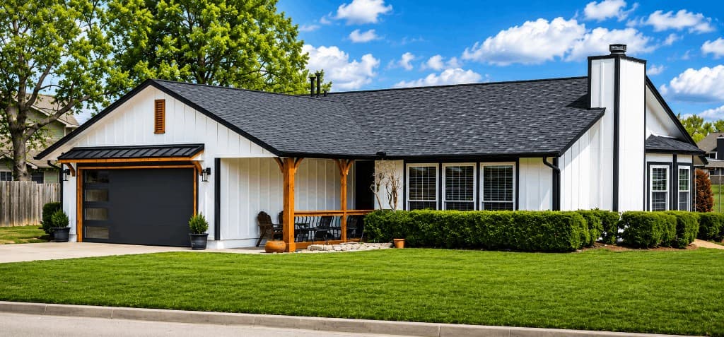 Modern farmhouse with dark shingle roof by ARRT